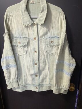 POL Light Sage Green Button-Up Top